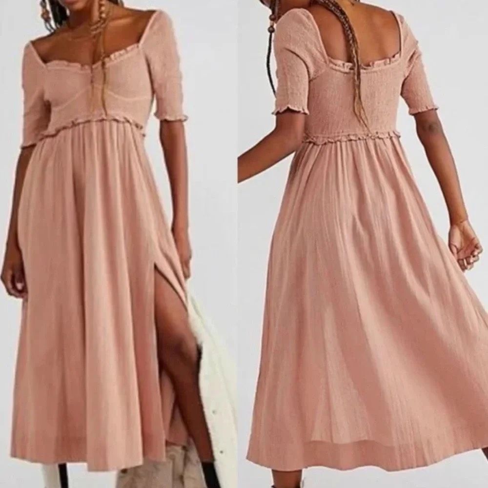 Free People Free-est Sunshine Season Midi Dress Smocked Sweetheart Small Tan
